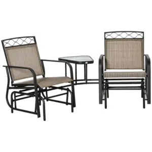 Best Double Outdoor Glider Chair, 2 Seater Patio Rocking Chairs, Swing Bench with Tempered Glass Table, Breathable Mesh Fabric for Backyard, Garden, Porch, Brown