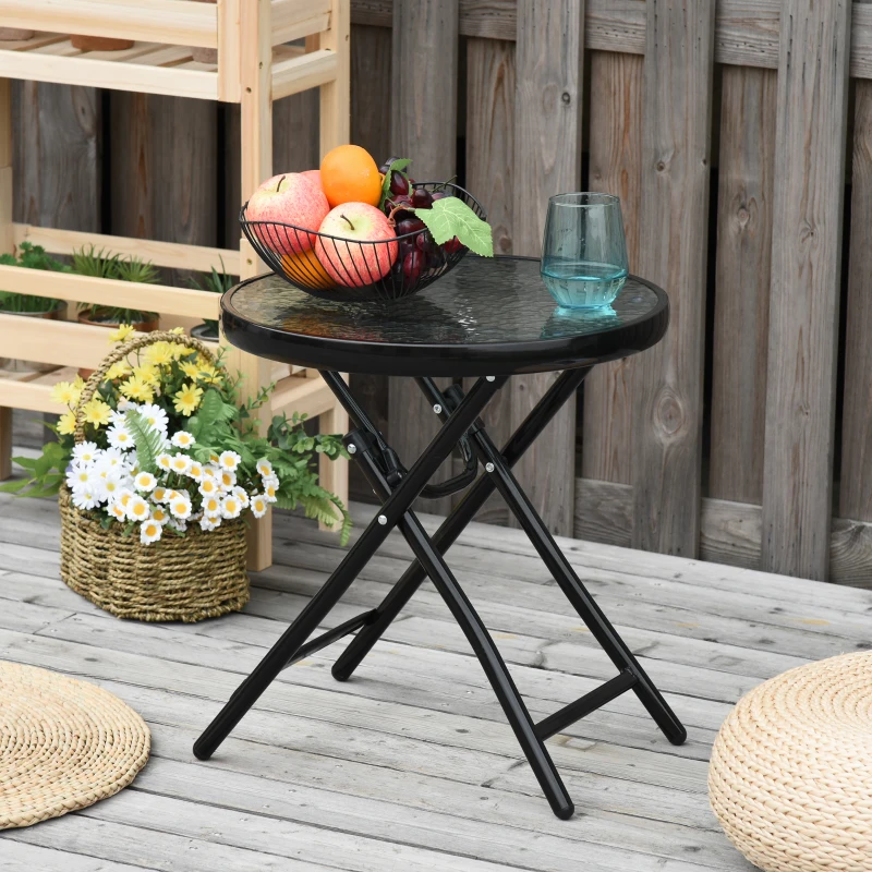 Best Foldable Garden Table, Round Folding Table with Glass Tabletop and Safety Buckle for Patio, Garden, Outdoor, Indoor, Black - Image 2