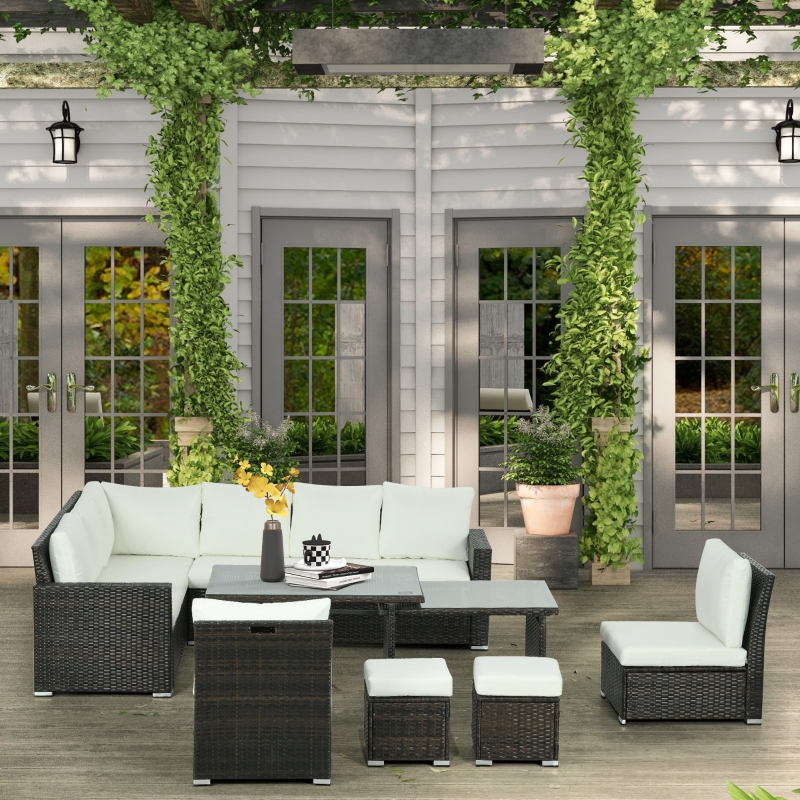 Best Seven-Piece Rattan Garden Sofa Set, with Expanding Table - Cream White - Image 10