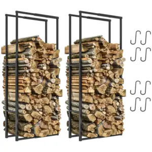 Best Firewood Log Rack Set of 2, Retractable Metal Wood Store Holder, Indoor Outdoor Fireplace Log Storage Shelf with Hooks, 65 x 25 x 150 cm, Black