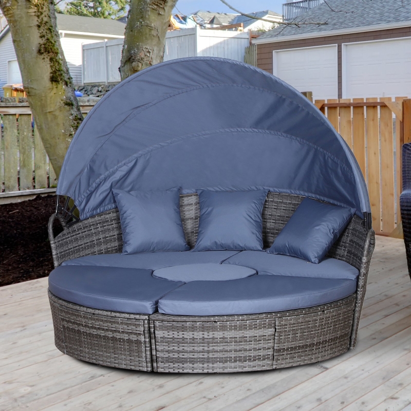 Best PE Rattan Lounge Set, 5 Pieces Patio Conversation Furniture Set, Garden Round Sofa Bed with Cushion and Retractable Canopy, Grey - Image 10