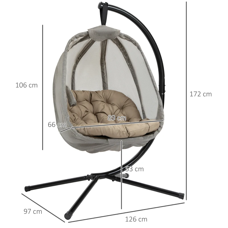 Best Hanging Egg Chair, Folding Texteline Swing Hammock with Side Pocket, Cushion and Stand for Indoor Outdoor, Patio Garden Furniture, Khaki - Image 3