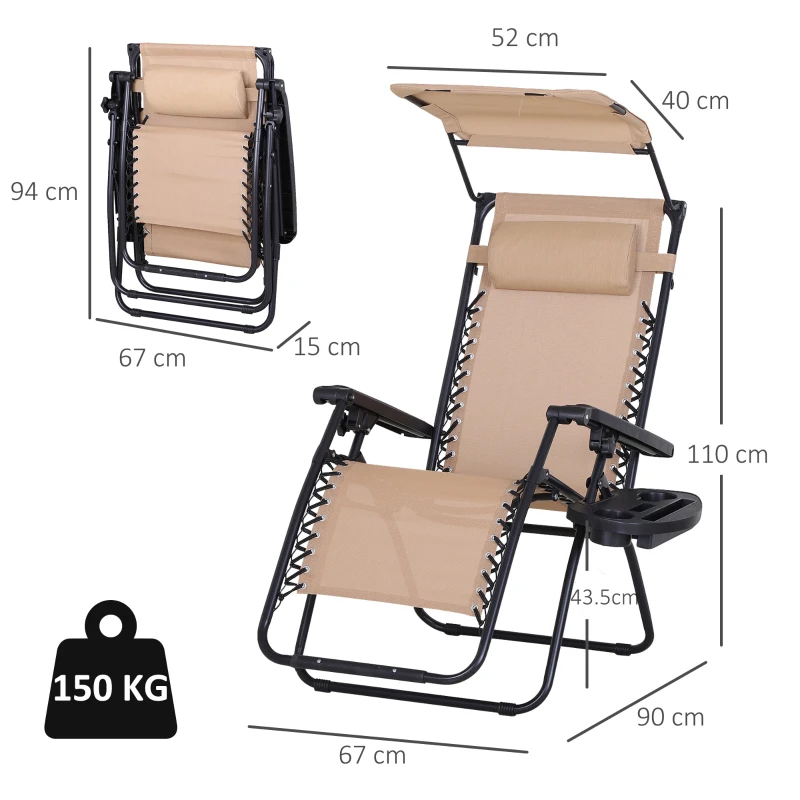 Best 2 Piece Foldable Reclining Garden Chair with Headrest, Zero Gravity Deck Sun Lounger Seat Chair with Footrest, Armrest, Cup Holder & Canopy Shade, Beige - Image 3