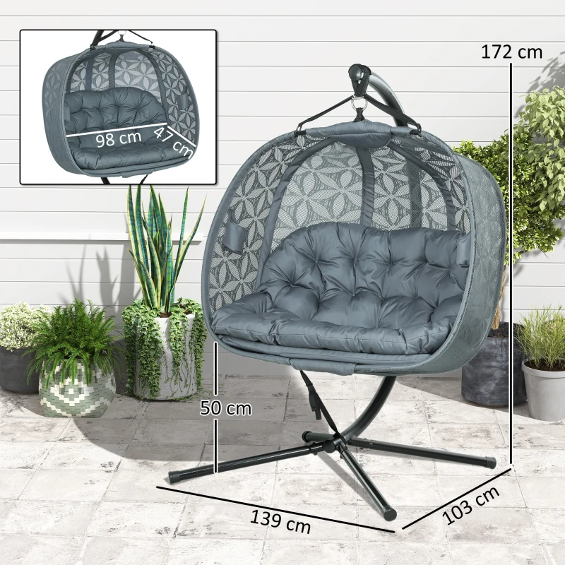 Best Outdoor Double Hanging Chair with Cushion and Cup Holders, Charcoal Grey - Image 3