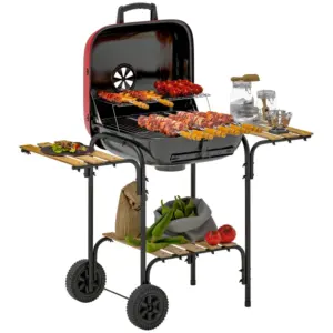 Best Charcoal Barbecue Grill Portable BBQ Grill with 1840 cm² Cooking Area, 3 Shelves, Adjustable Vent, Lockable Lid, Wheels for Outdoor Cooking, Garden Party, Red