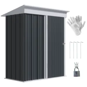 Best Metal Garden Shed, Outdoor Lean-to Shed for Tool Motor Bike, with Adjustable Shelf, Lock, Gloves, 5'x3'x6', Dark Grey