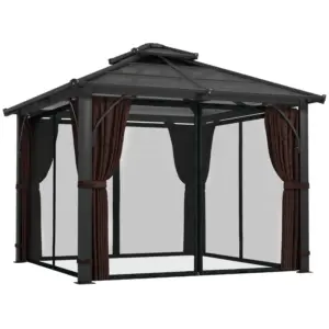 Best 3 x 3(m) Hardtop Gazebo Canopy with 7mm Double Polycarbonate Roof, Garden Gazebo Permanent Pavilion with Mosquito Netting and Curtains for Patio, Deck, Brown