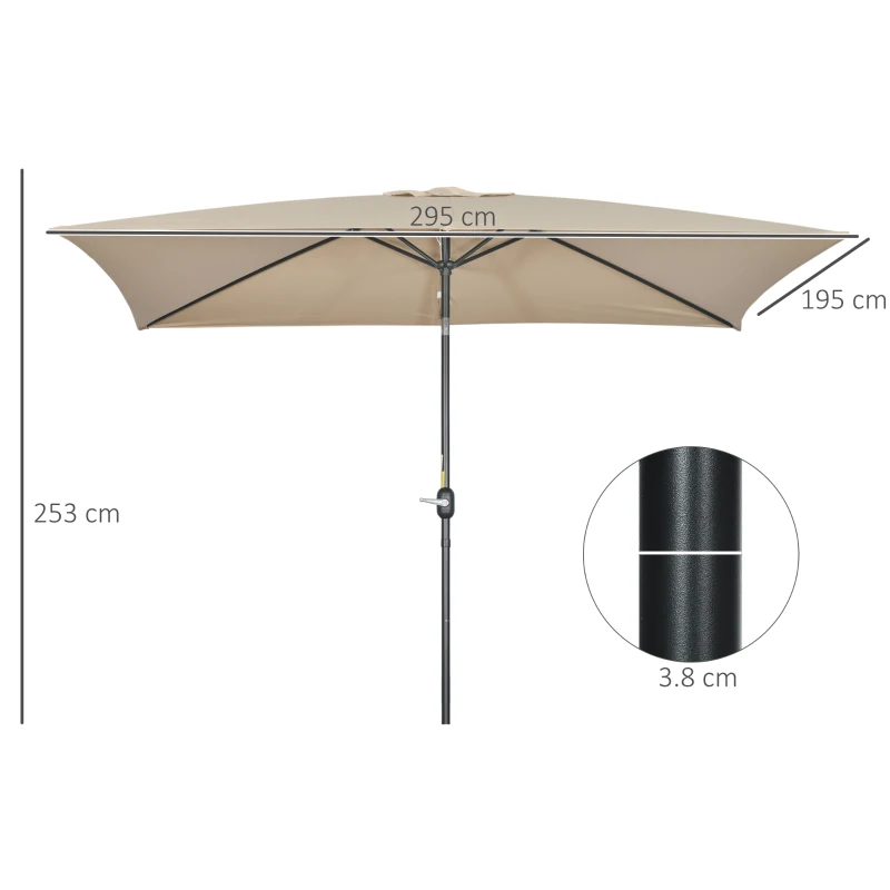 Best 3x2m Patio Parasol Garden Umbrellas Canopy with Aluminium Tilt Crank Rectangular Sun Shade Steel, Khaki - Image 3