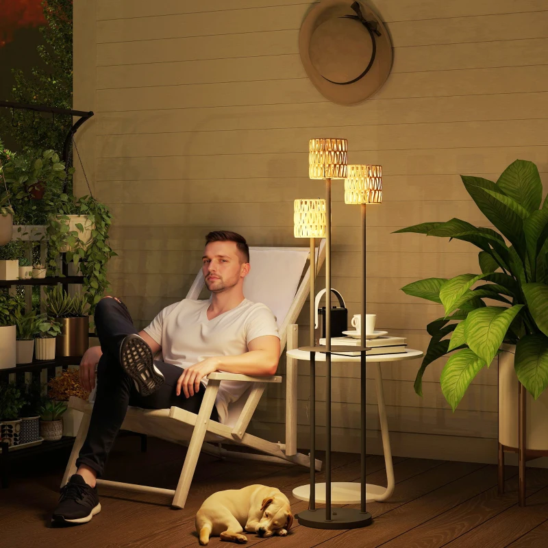 Best Boho Rattan Floor Lamp, 3-Lights Rattan Lamp with Shelf, Freestanding Solar Garden Light with Auto On/Off Lights, IP44 Waterproof for Porch, Pathway, Deck, Yellow - Image 2