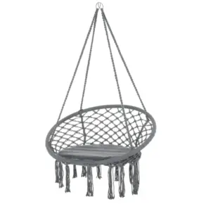 Best Outdoor Cotton-Polyester Blend Macrame Hanging Rope Chair with Cushion, Portable Garden Chair with Fringe Tassels for Patio, Deck, Tree, Grey