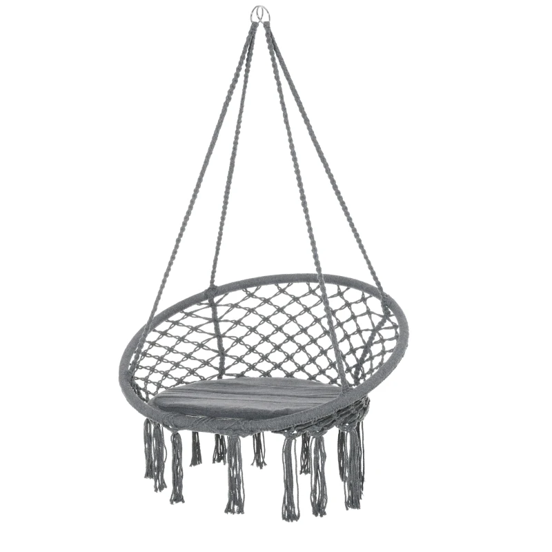 Best Outdoor Cotton-Polyester Blend Macrame Hanging Rope Chair with Cushion, Portable Garden Chair with Fringe Tassels for Patio, Deck, Tree, Grey