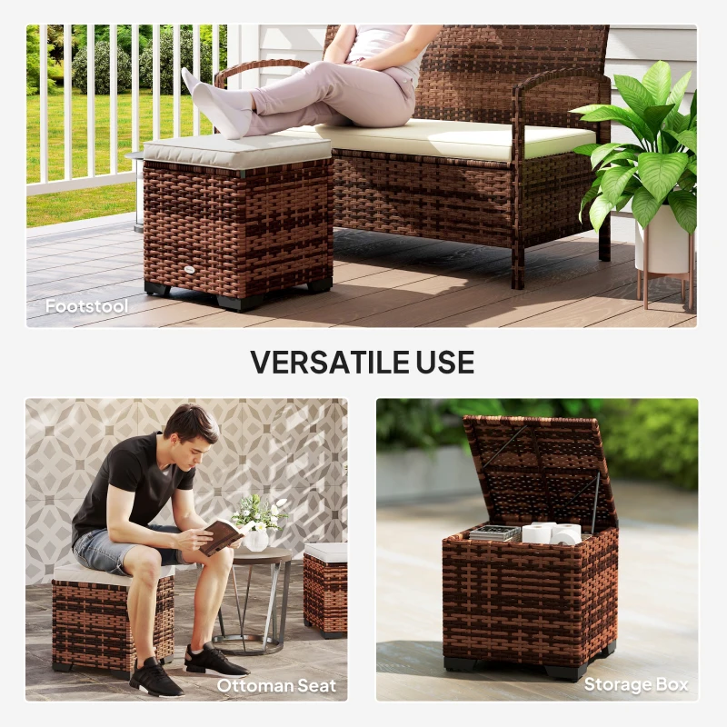 Best Set of 2 Rattan Storage Ottoman, Outdoor Footstool with Removable Cushions, Garden Storage Seat for Balcony, Poolside, Living Room, Beige - Image 7