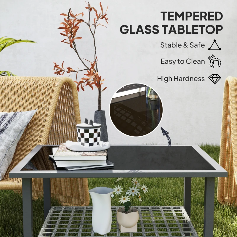 Best Outdoor Rattan Coffee Table with Tempered Glass Top, Storage Shelf, Foot Pads, for Patio, Balcony, Mixed-grey - Image 4
