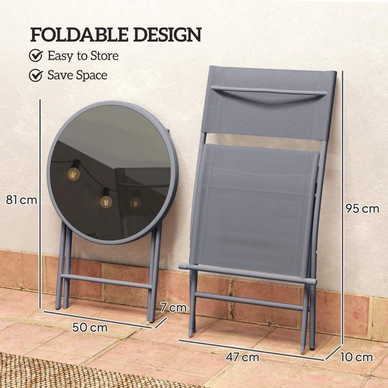 Best 3 Pieces Outdoor Bistro Set, Glass Top Outdoor Table and 2 Folding Chairs with Protecting Feet, Grey - Image 5