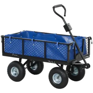 Best 114L Steel Frame Garden Cart Trolley - Blue