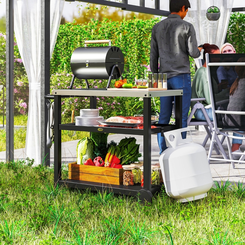 Best Outdoor Grill Dining Cart 3-Shelf Movable Pizza Oven Table Stand with Stainless Steel Top, Portable BBQ Trolley Food Prep Outdoor Kitchen BBQ Station with Hooks Wheels Handle, Charcoal Grey - Image 10