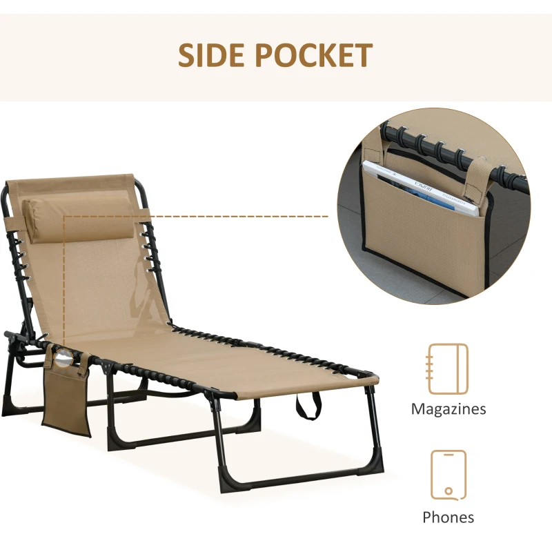 Best Portable Sun Lounger, Folding Camping Bed Cot, Reclining Lounge Chair 5-position Adjustable Backrest with Side Pocket, Pillow for Patio Garden Beach Pool, Beige - Image 7