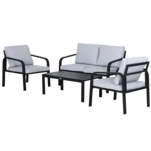Best 4pcs Garden Sofa Set 2 Single Armchair, 1 Bench & 1 Coffee Table Set Aluminum Frame Patio Furniture with Cushions, Black