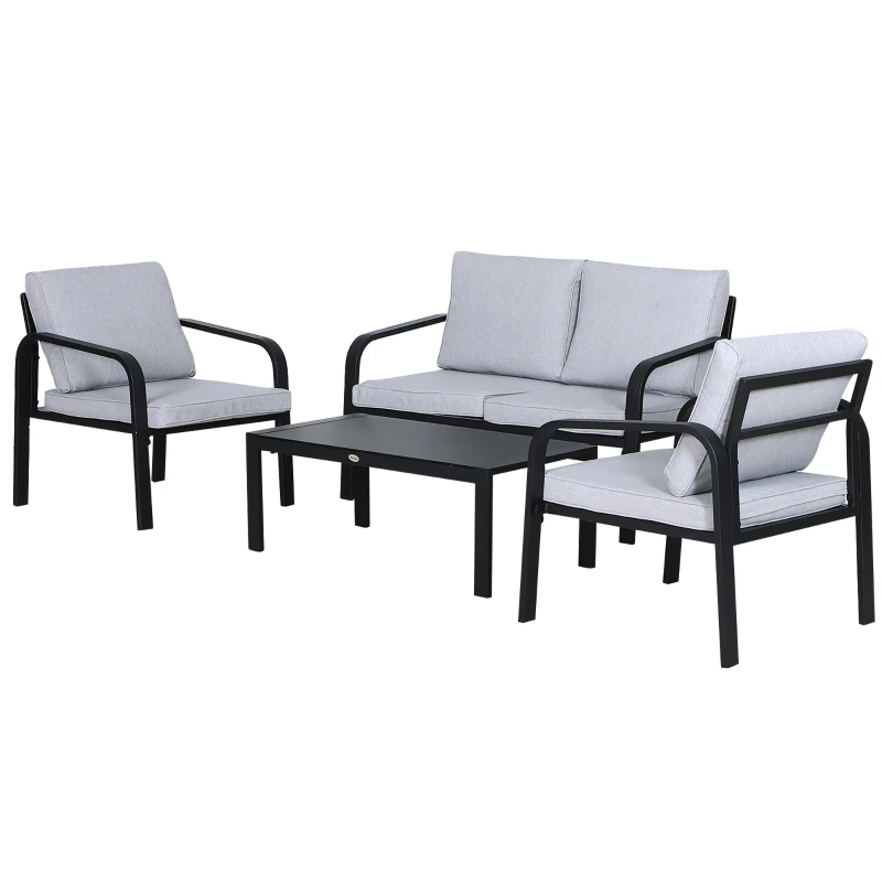 Best 4pcs Garden Sofa Set 2 Single Armchair, 1 Bench & 1 Coffee Table Set Aluminum Frame Patio Furniture with Cushions, Black