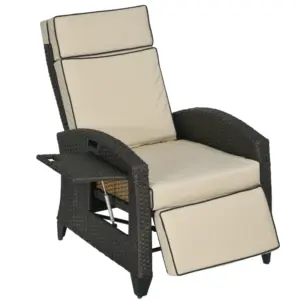 Best Outdoor Recliner Chair with Adjustable Backrest and Footrest, Cushion, Side Tray, Khaki