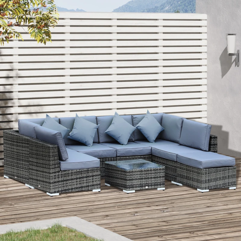 Best 8 Pieces PE Rattan Corner Sofa Set with Thick Cushions, Aluminium Outdoor Rattan Garden Furniture Set with Glass Top Table, No Assembly Required, Grey - Image 2