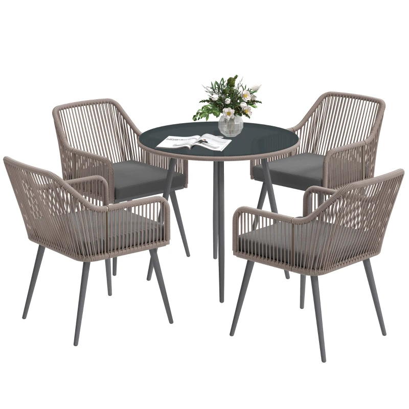 Best 4 Seater Rattan Dining Set, Rattan Garden Furniture Set with Parasol Hole, Outdoor Dining Table and Chairs Set with Cushions, Round Glass Top Table for Patio, Balcony, Light Brown