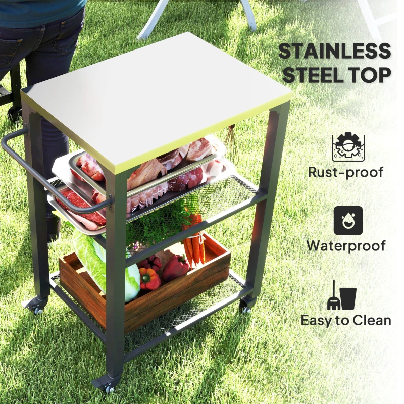 Best Three-Shelf Outdoor Grill Cart with Stainless Steel Top, Outdoor Kitchen Island with 4 Wheels, 3 Hooks, Movable Food Prep Pizza Oven Table for Kitchen, Patio, Garden, 65.5 x 41 x 79 cm - Image 4