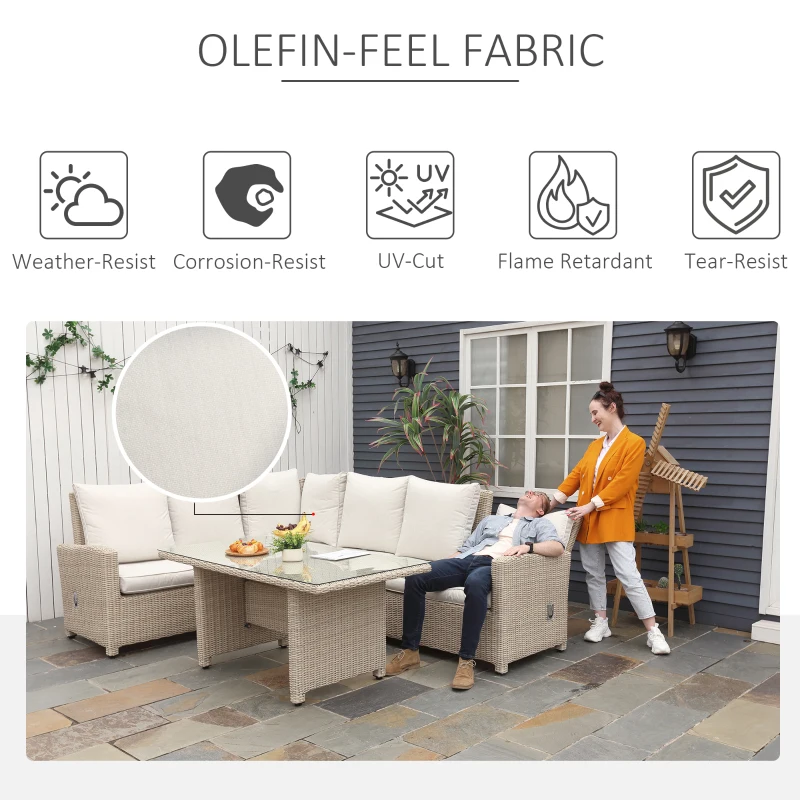 Best 5 PCS Reclining PE Rattan Garden Dining Set Bonzer Patio Furniture w/ Sofa Chairs Glass Table, Olefin Cushions Adjustable Feet Stylish Lounge Conversation - Image 6
