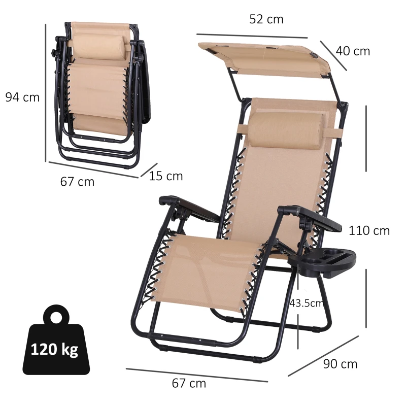 Best Foldable Reclining Garden Chair with Headrest, Zero Gravity Deck Sun Lounger Seat Chair with Footrest, Armrest, Cup Holder & Canopy Shade, Beige - Image 3
