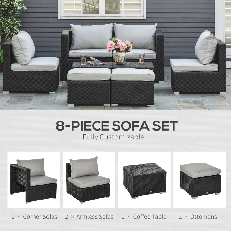 Best 8 Pieces PE Rattan Sofa Set with Cushions, Garden Corner Sofa with 4 Seater Sofa, 2 Footstools and 2 Coffee Table Set, Space-saving Design, No Assembly Required, Black - Image 4