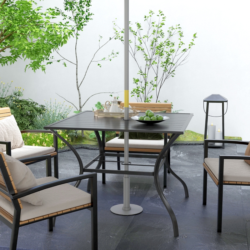 Best 94 x 94 cm Garden Table with Parasol Hole, Outdoor Dining Garden Table for Four with Slatted Metal Plate Top, Dark Grey - Image 11