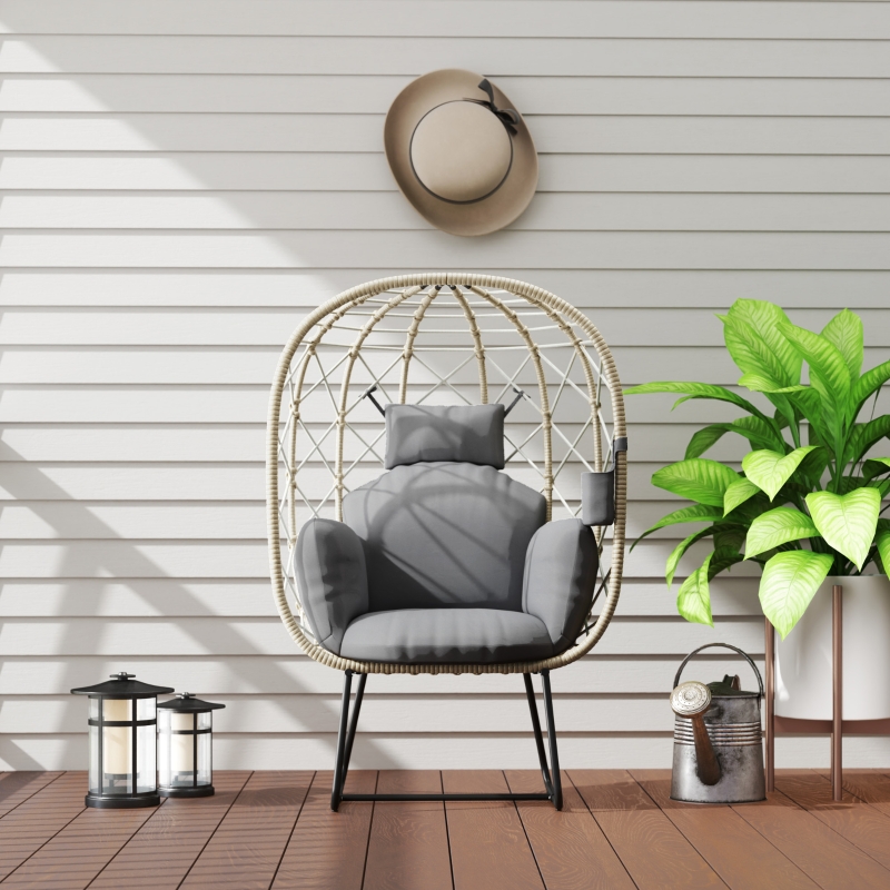 Best Rattan Egg Chair Outdoor Indoor Wicker Chair with Thickened Cushion and Headrest, Standing Garden Egg Chair with Cup Holder, Metal Frame for Patio, Balcony, Grey - Image 9