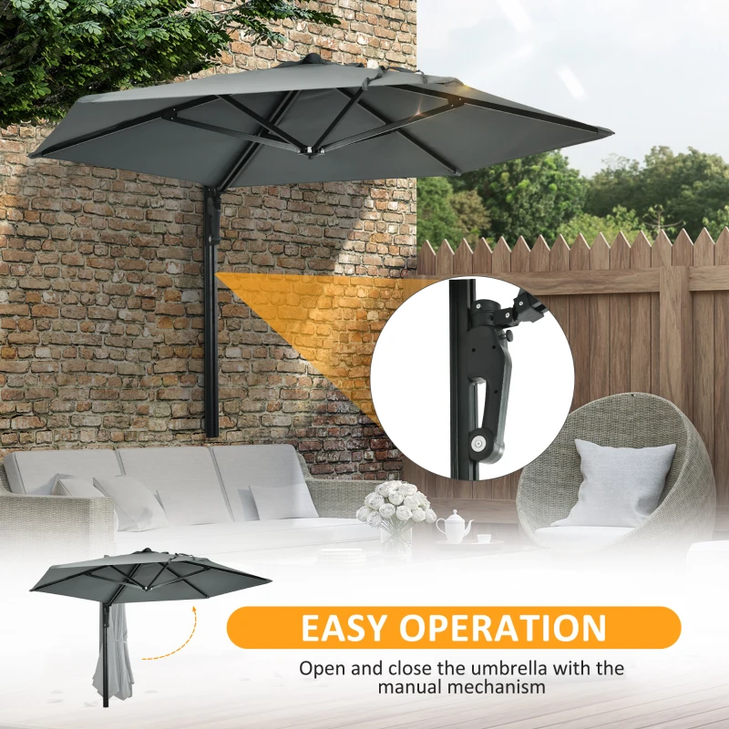 Best 2.5m Wall Mounted Parasol, Hand to Push Outdoor Patio Umbrella with 180 Degree Rotatable Canopy for Porch, Deck, Garden, 250 cm, Grey - Image 5