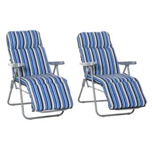 Best Reclining Garden Chair Set of 2, 5-Level Adjustable Zero Gravity Chairs with Cushions, Folding Sun Lounger Garden Recliner Chairs with Armrests for Outdoor, Patio, Blue Stripe