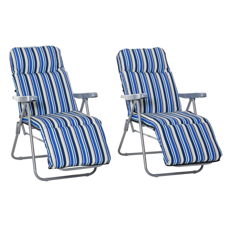 Best Reclining Garden Chair Set of 2, 5-Level Adjustable Zero Gravity Chairs with Cushions, Folding Sun Lounger Garden Recliner Chairs with Armrests for Outdoor, Patio, Blue Stripe