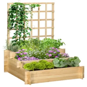 Best 3 Tier Garden Planters with Trellis for Vine Climbing, Wooden Raised Beds, 95x95x110cm, Natural Tone