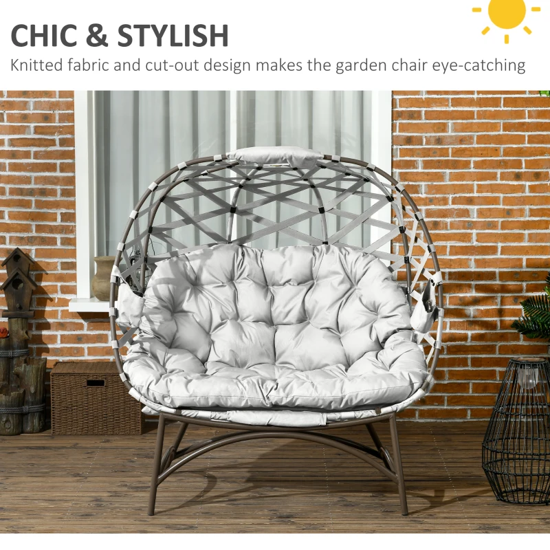 Best 2 Seater Egg Chair Outdoor, Folding Weave Garden Furniture Chair with Cushion, Cup Pockets - Light Grey - Image 4