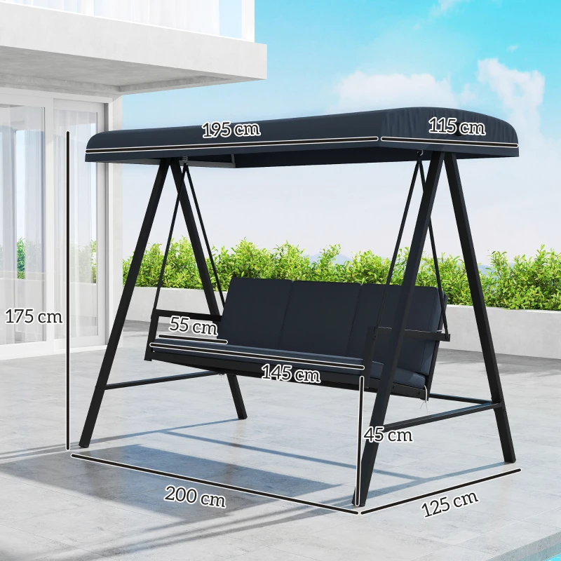 Best Three-Seat Garden Swing Chair, with Adjustable Canopy - Dark Grey - Image 3