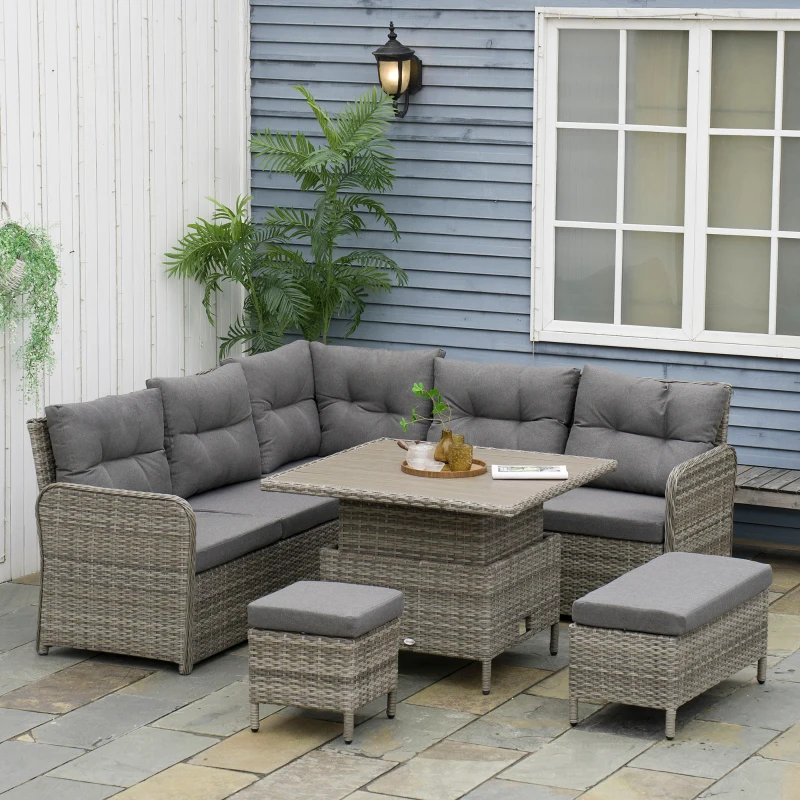 Best 6 Pieces Outdoor PE Rattan Garden Furniture, Patio Wicker Sectional Conversation Corner Sofa w/ Soft Padded Cushion & Liftable Coffee Table, Grey - Image 2