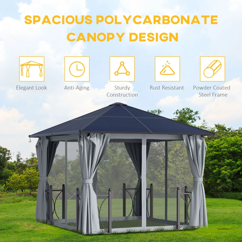Best 3 x 3(m) Hardtop Gazebo Canopy with Polycarbonate Roof, Steel & Aluminium Frame, Garden Pavilion with Mosquito Netting and Curtains, Black - Image 4