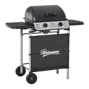 Best 2 Burner Gas BBQ Trolley with Lid, 5.6 kW Gas Barbecue Grill with Wheels, Side Shelves, Grey