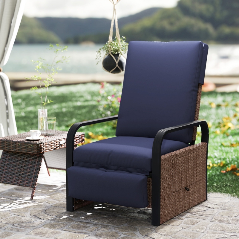 Best 140° Reclining Rattan Armchair - Brown/Blue - Image 9