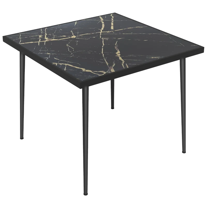 Best Square Garden Table, Outdoor Dining Table for 4 with Marble Effect Tempered Glass Top and Steel Frame for Patio, Black