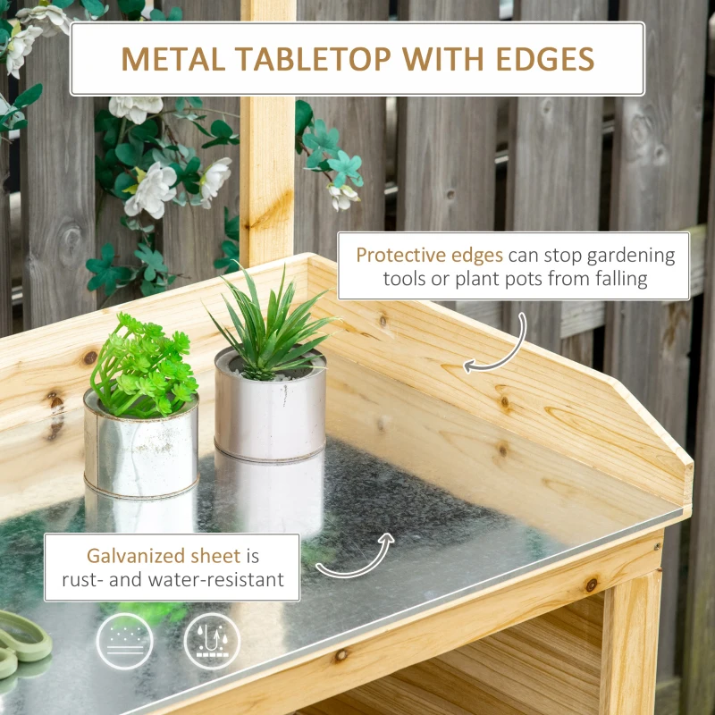 Best Garden Potting Bench Table, Wooden Workstation Bench w/ Galvanized Metal Tabletop, Storage Shelves and Hooks, Natural - Image 4