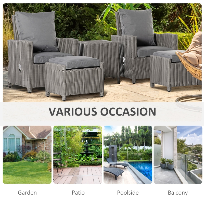 Best 5 Pieces Outdoor PE Rattan Garden Furniture with Cushions, Patio Lounge Adjustable Backrest Chairs, Footstools and Cooler Bar Coffee Table & Cover, Grey - Image 9
