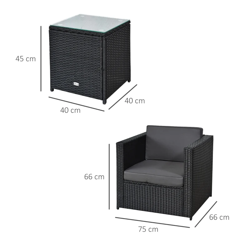 Best 3 Pieces Rattan Bistro Set, Wicker Garden Furniture Set with Glass Top Coffee Table and Chairs, Thickened Washable Cushions for Outdoor, Patio, Balcony, Black - Image 3