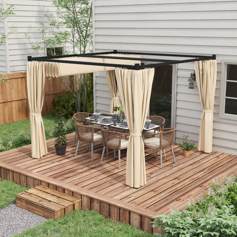 Best 3 x 3(m) Retractable Pergola, Garden Gazebo Shelter with Curtains, for Grill, Patio, Deck, Beige - Image 2