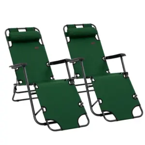 Best 2 Pack 2 in 1 Sun Lounger Folding Reclining Chairs Garden Outdoor Camping Adjustable Back with Pillow, Green