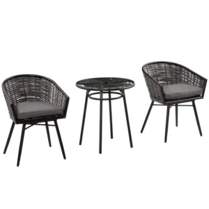 Best 3 Pieces Rattan Bistro Set, Wicker Garden Furniture Set with Round Glass Top Coffee Table and Chairs, Washable Cushions for Outdoor, Patio, Balcony, Grey