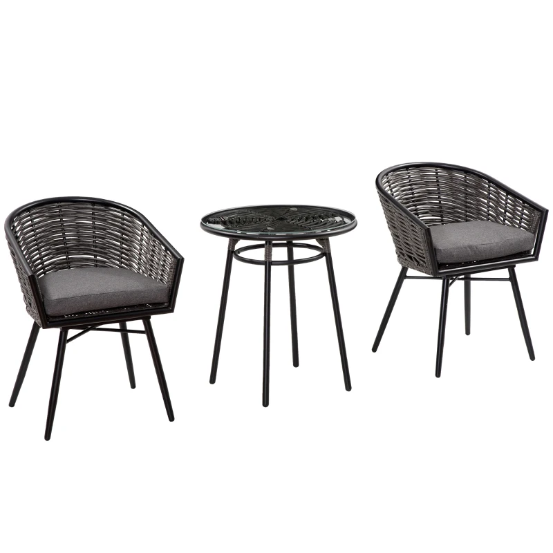 Best 3 Pieces Rattan Bistro Set, Wicker Garden Furniture Set with Round Glass Top Coffee Table and Chairs, Washable Cushions for Outdoor, Patio, Balcony, Grey